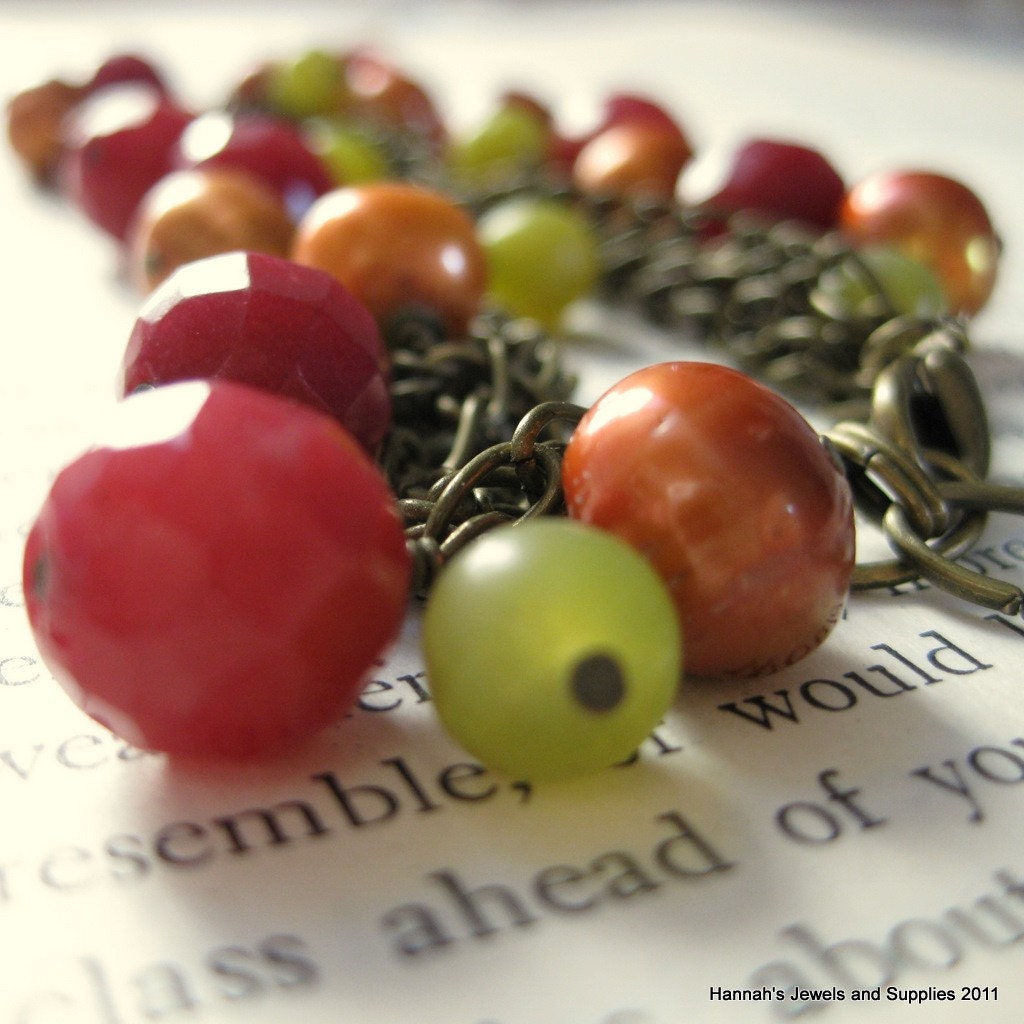 Pink Jade, Copper Freshwater Pearls and Olive Jade with Brass Necklace, Earrings and Bracelet Set