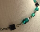 Asymmetrical  Black Onyx Cubes with Teal Fire Pressed Czechs Glass and Brass Necklace and Earrings Set