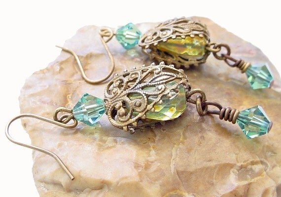 Czech Aqua Earrings - Brass and Picasso Glass