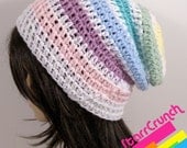 Slouchy Beanie Crochet Hat in Pastel Rainbow Stripes