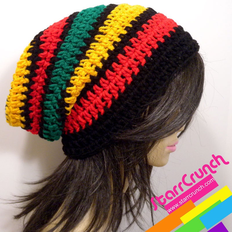 Slouchy Beanie Crochet Hat in Thick Rasta Stripes