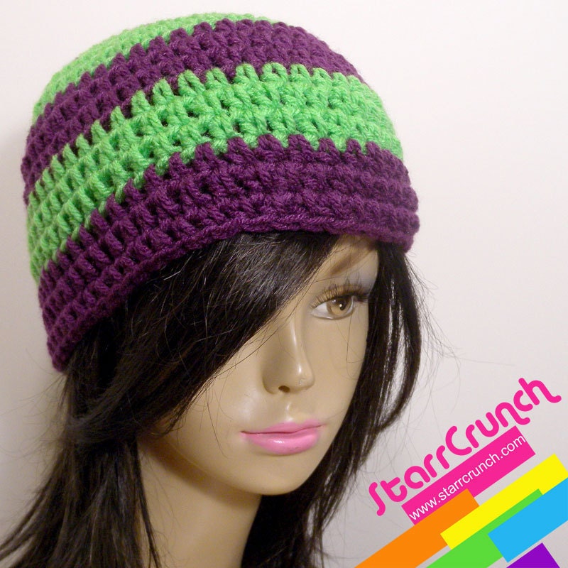 Skullcap Beanie Crochet Hat in Lime and Purple