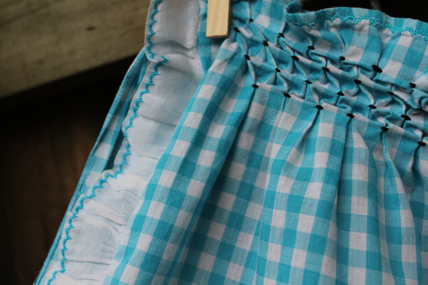 Vintage Half Apron - Blue and White Check Gingham with Ruffle and Smocking