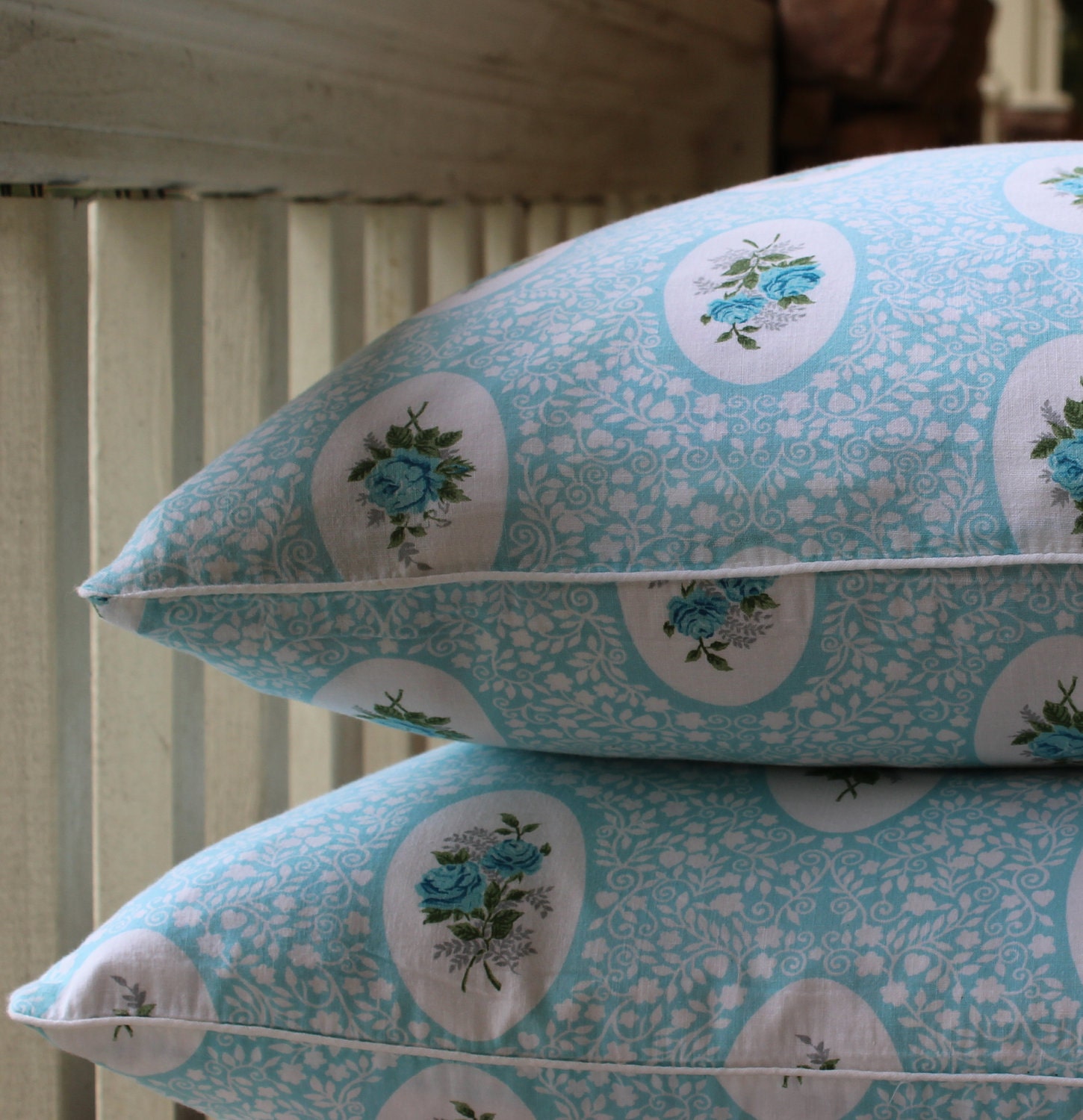 Sale - Vintage Pillow Ticks - Blue Cameos - Cotton Pillow Cover - Blue Roses - Cottage Chic