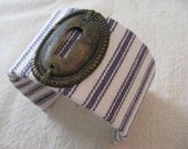 Textile Cuff Bracelet - Blue Ticking with Vintage Key Hole Escutcheon- Adjustable