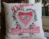Flour Sack Pillow -Victoria's Pure White Flour - Heart - Pink and White - Victoria - Shabby Chic