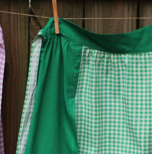 Vintage Half Apron - Green and White Check Gingham with Cross Stitch Detail and Attached Potholders