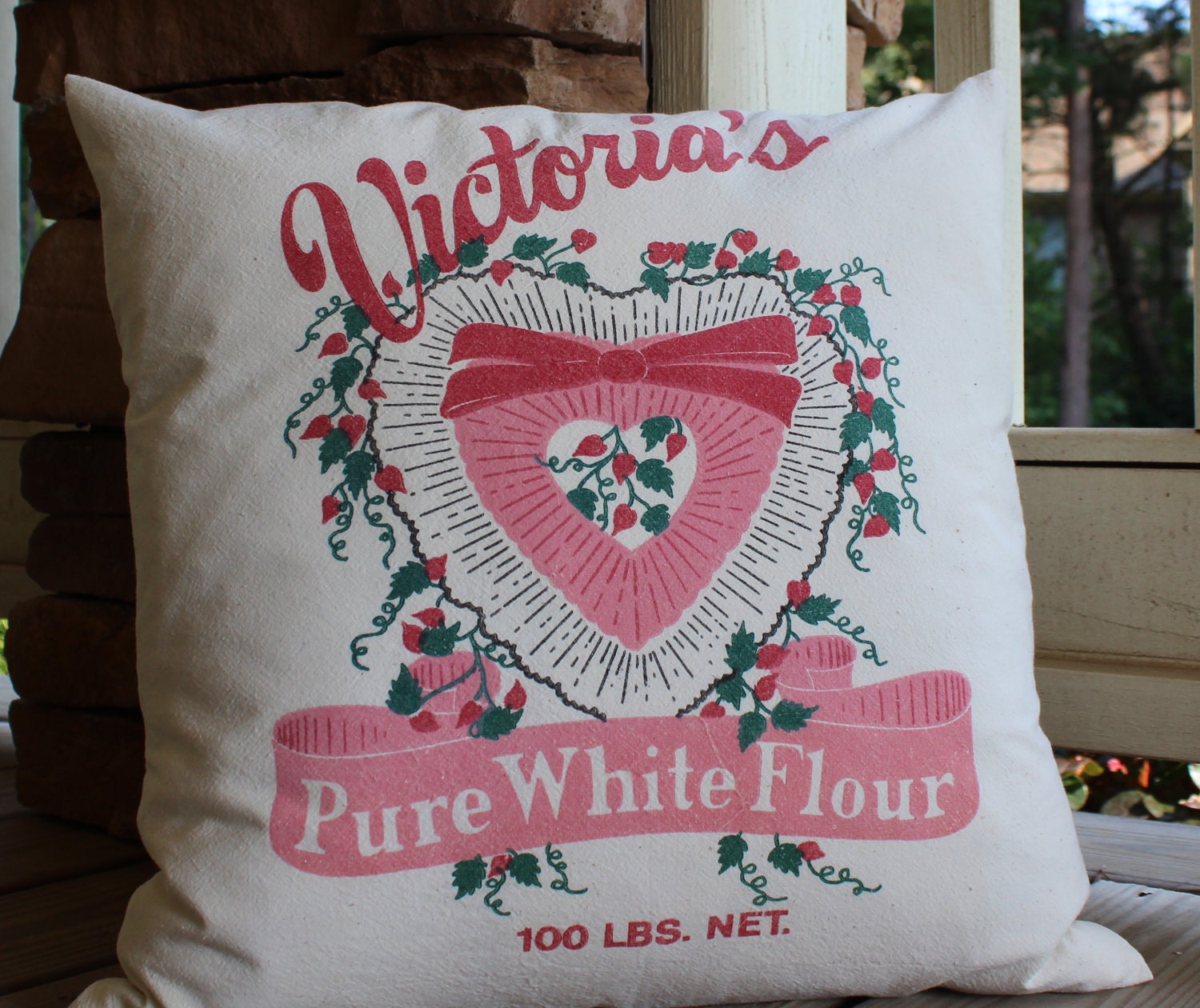 Flour Sack Pillow -Victoria's Pure White Flour - Heart - Pink and White - Victoria - Shabby Chic
