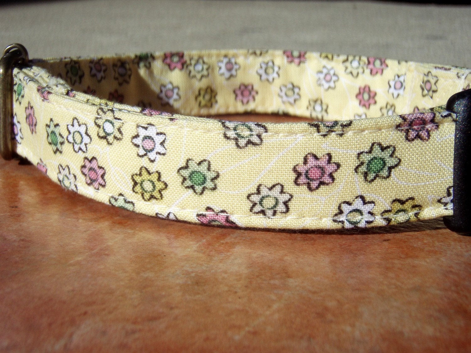 Flower Power - Organic Cotton Dog Collar MEDIUM Yellow Flowers - All Antique Brass Hardware