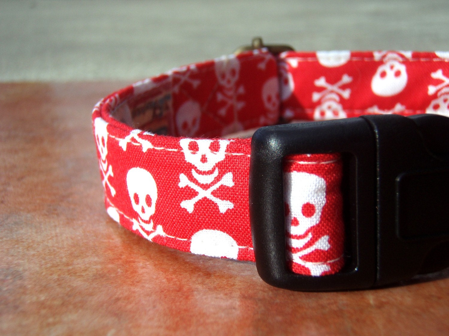 The Swashbuckler - Organic Cotton Dog Collar LARGE Red Skulls Nautical - All Antique Brass Hardware