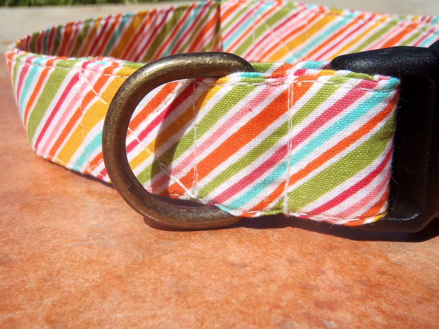 Creamsicle - Organic Cotton Dog Collar LARGE Multicolor Striped - All Antique Brass Hardware