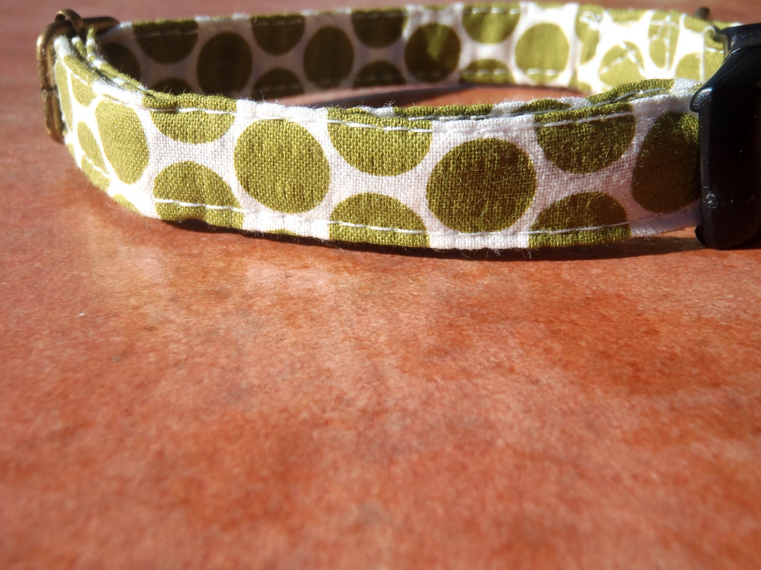 The Gator - Retro Fabric White Olive Green Polka Dots Organic Cotton SMALL Dog Collar - All Antique Brass Hardware