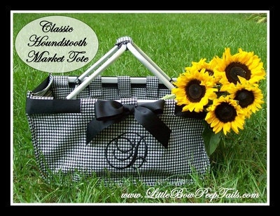 Monogrammed Houndstooth Market Tote - Classic Basket Black and White Herringbone Initials Personalized Teacher