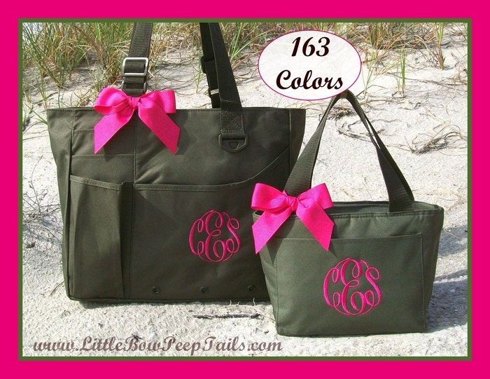 Gift Set - Monogrammed Super Feature Tote and Lunchbox - Personalized Solid Color Book Bag Bridesmaids Teachers Travel Briefcase Diaper Bag