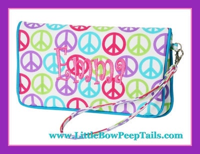 Peace Signs Monogrammed Wristlet or Wallet - Name School Girls Tween Purple Hot Pink Aqua Blue Personalized Wristlet Small Purse