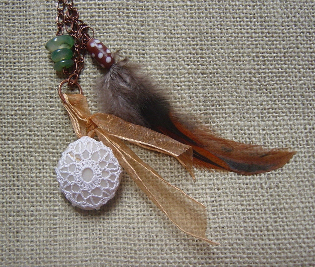 Jewelry, Necklace, Pendant, Crochet Lace Stone, Tribal, Statement, Women, Woodland, Boho, Feathers, Agate, Ribbon