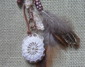 Necklace, Pendant, Holiday Jewelry, Lace Stone, Original, Crocheted, Tribal, Feather, Statement, Antique Copper, Handmade