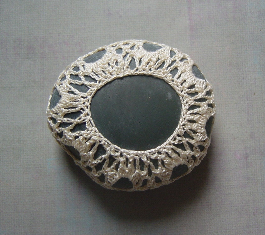 Crocheted Lace Stone, Floral Motif, Beige, Handmade