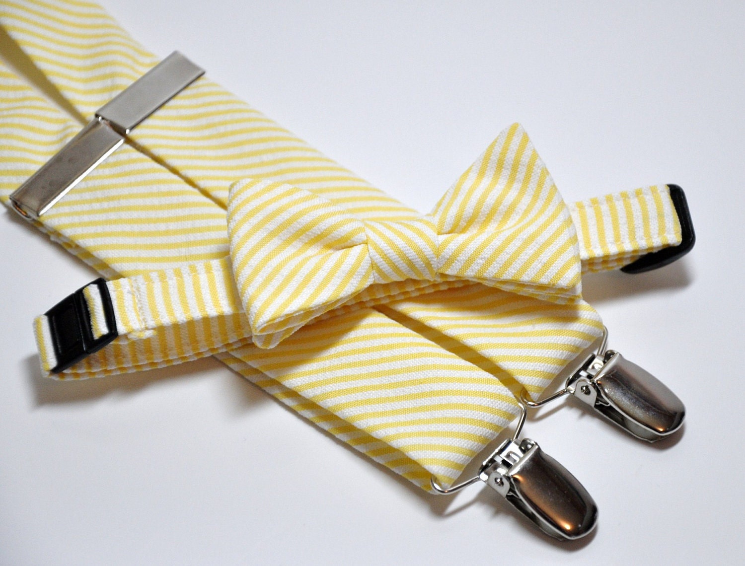 Boys Bow Tie and Suspender Set Yellow Striped Seersucker Childrens Clothing