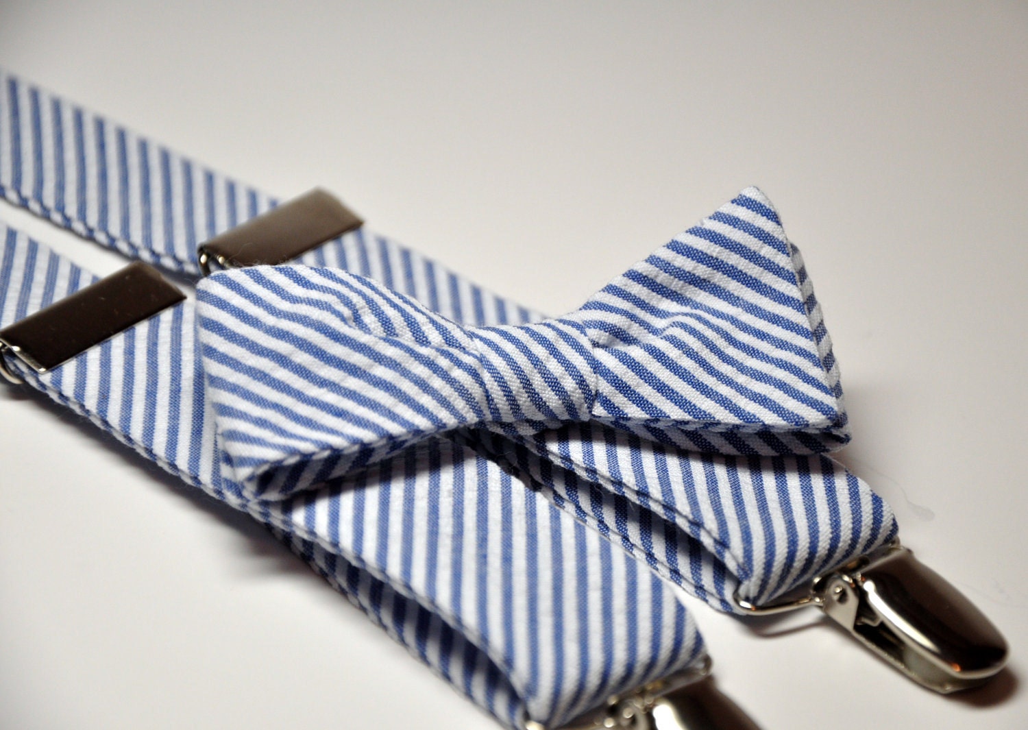 Navy Blue Seersucker Men's Bow Tie and Suspenders