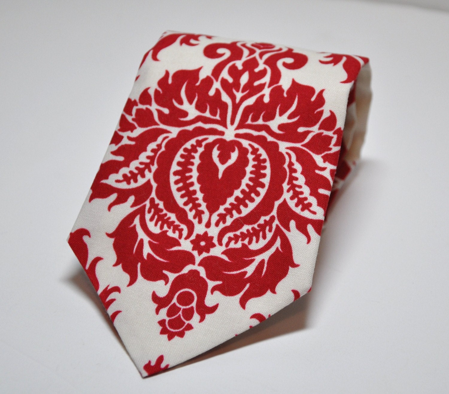 Mens Neckties Boys Necktie Me and Matilda Everyday Necktie Red and Ivory Damask