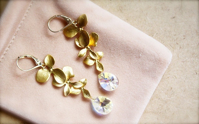 Fleur -- Floral Themed Bridal Earrings - Swarovski Crystals, Floral Charms, Gold Wedding Jewelry, Long Drop Earrings, Romantic Dangle