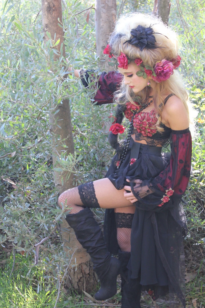 ROMANTIC Gothic Black Lace and Roses STEVIE Nicks PRINCESS Bustle dress with Juliet sleeves Ooak