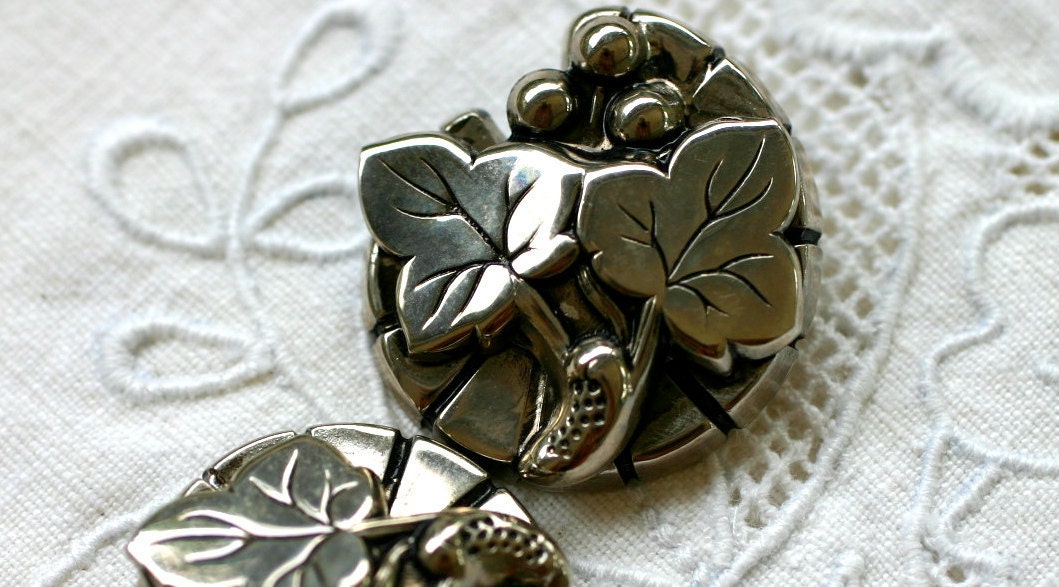 1950s Metal Clip On Earrings Grape Leaf Motif
