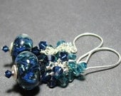 Sterling silver earrings,  artisan boro lampwork  beads and Swarovski crystals - Midnight: deep blues, aqua blues