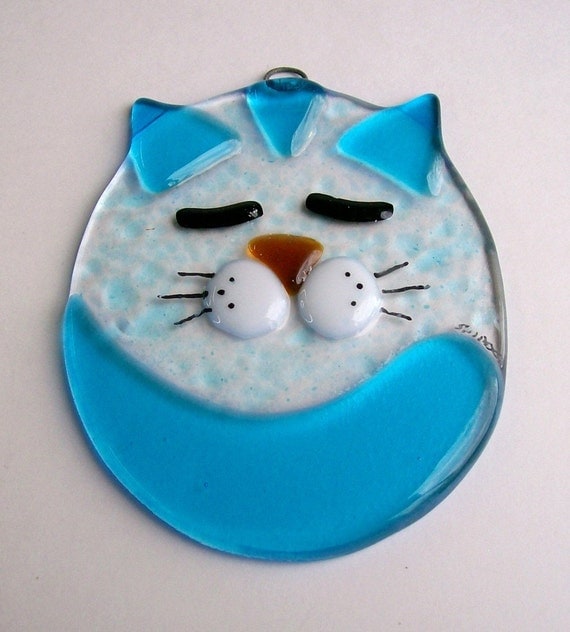 Fused Glass Suncatcher- Fat Cat (Turquoise)