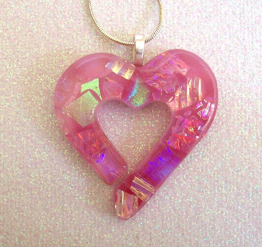 Fused Glass Dichroic Heart Pendant (Blushing Pink Cutout)