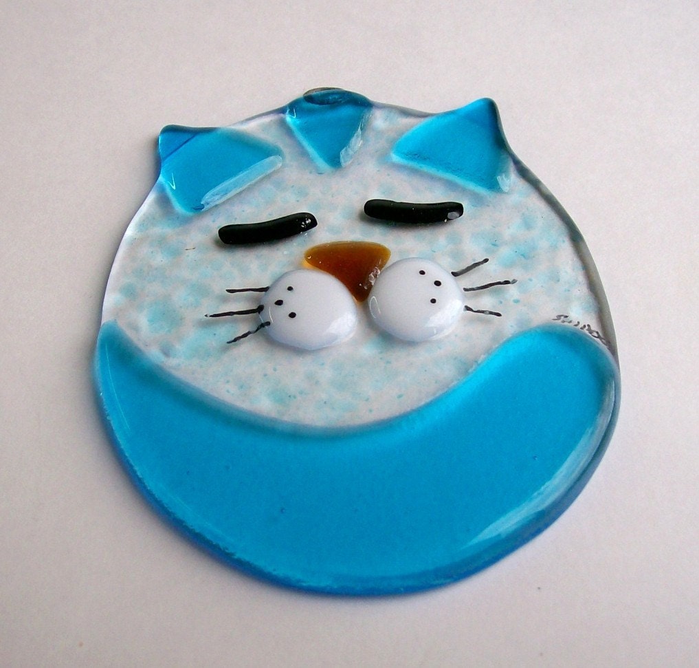 Fused Glass Suncatcher- Fat Cat (Turquoise)