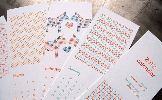 SALE 2012 Cross Stitch Calendar, letterpress, GIFT WRAPPED