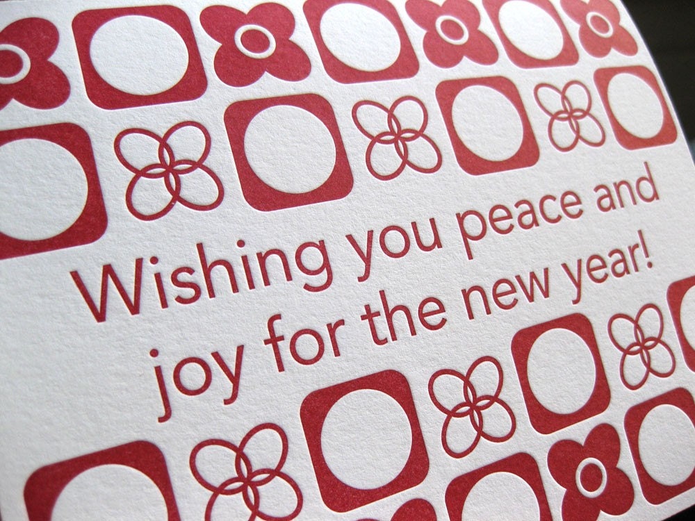 Peace and joy, letterpress new year card, SET of 6