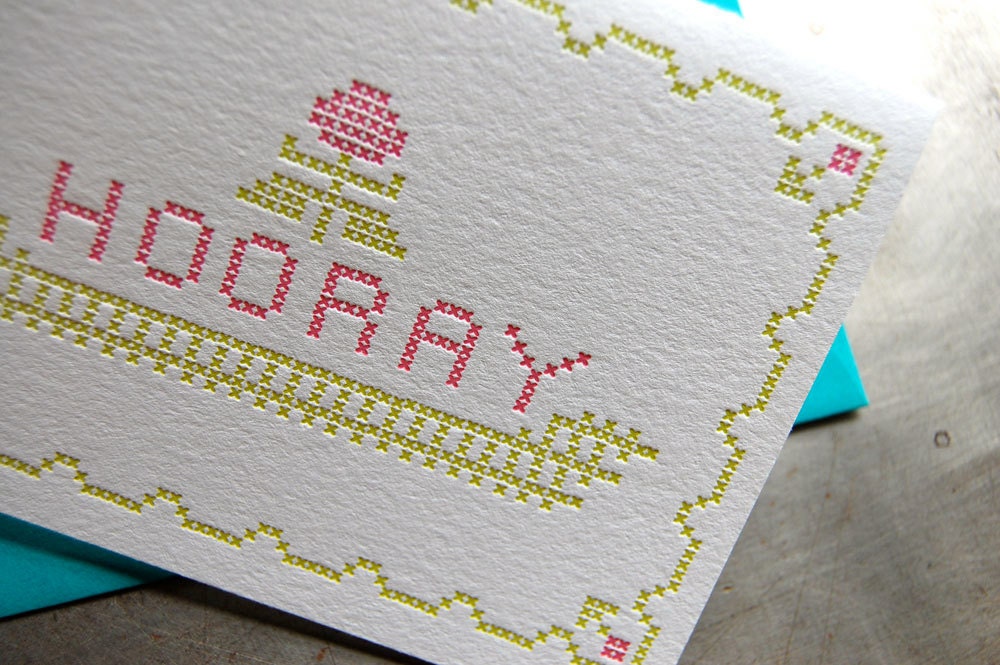 Hooray - Letterpress cross stitch card