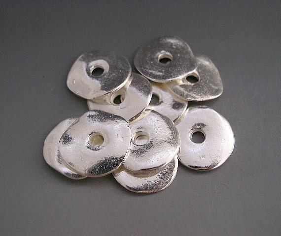 Naos - Bright Silver Casting Cornflake Thin Disks Wavy Rondelles Spacers - Mykonos Greek Ceramic Beads (10 pack) 2mm x 15mm