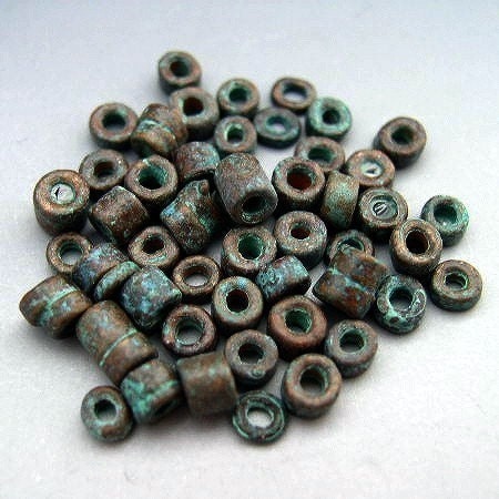 Mykonos Greek Ceramic Beads (50) - Copper Patina TINY Tubes Heishi Spacers - 3mm