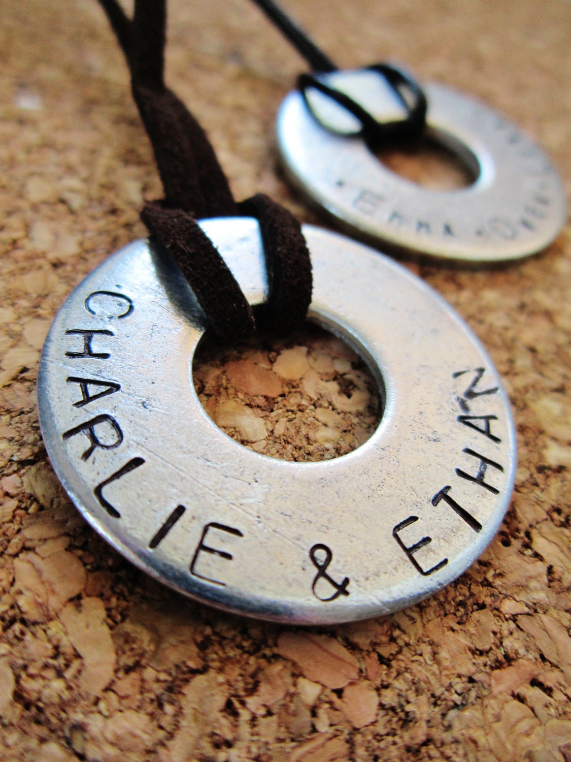 Double-sided stamping Men's Personalized Steel Washer Necklace with red, turquoise, tan, or black suede leather cord