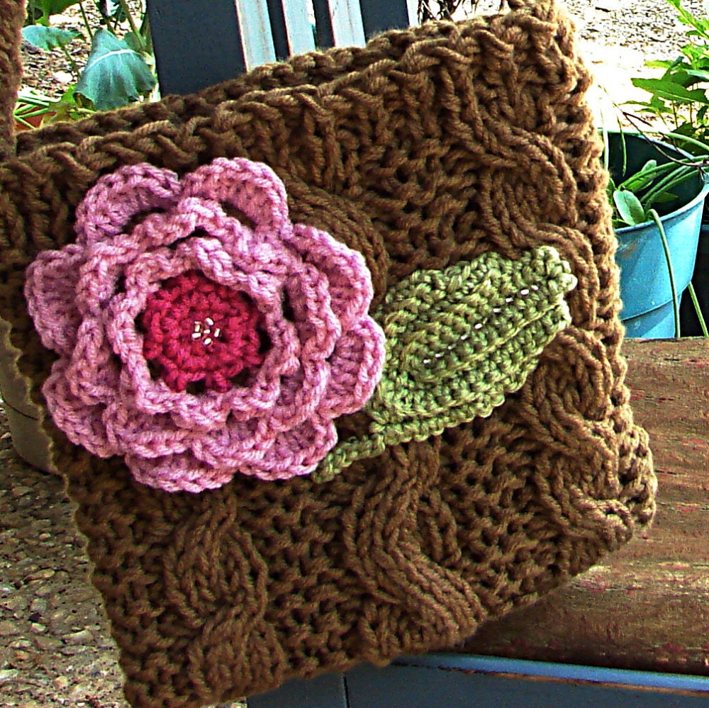 Hand Knitted Bag or Purse with cables, flowers and beads. Tan, pink and green