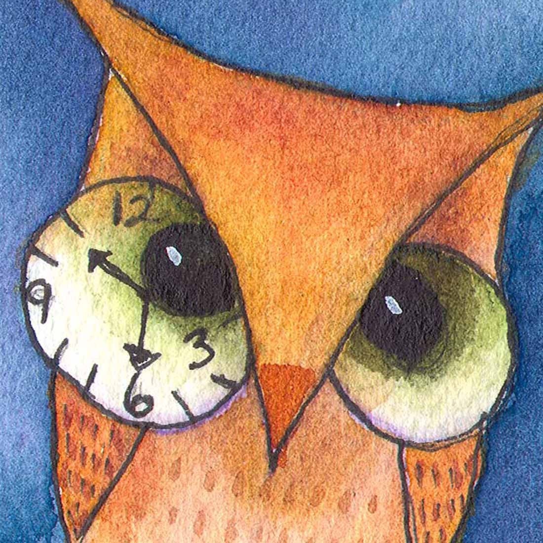 Half Past Owl O-Clock - Steampunk OWL - ACEO Print - Signed Limited Edition by Allison Stein - Whimsical art card