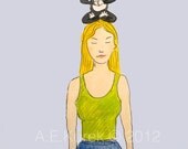 Yoga Art Print with Tuxedo Cat  8x10