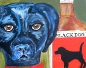 Dog Art - Bar Art - Blue Black Dog with Bourbon Bottle - 5x7 Fine Art Print