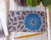 Silkscreened blue dahlia linen bag
