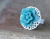 SALE white ring with teal sakura flower - 20% OFF
