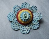 Vintage Button Blue Polka Dot Leather Brooch.