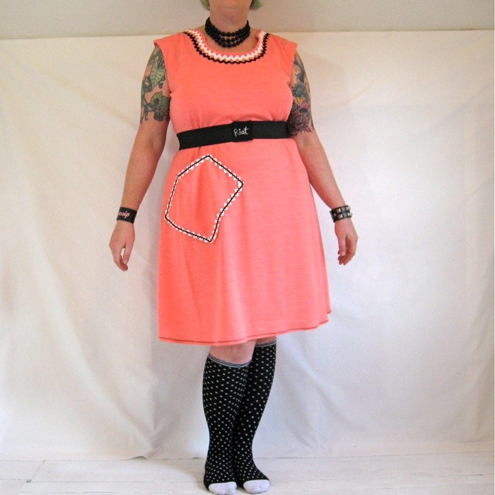 RiotLady Dress - with RIOT belt - coral peach knit vintage fabric - glow in the dark trims - plus size - 52B-53W-60H