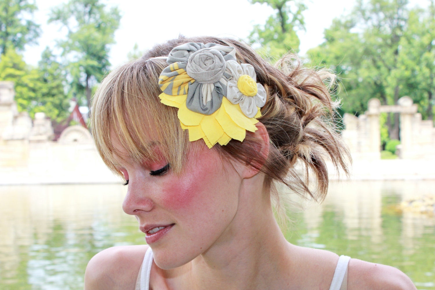 Flower Cluster Headband - Yellow, Gray and Tan
