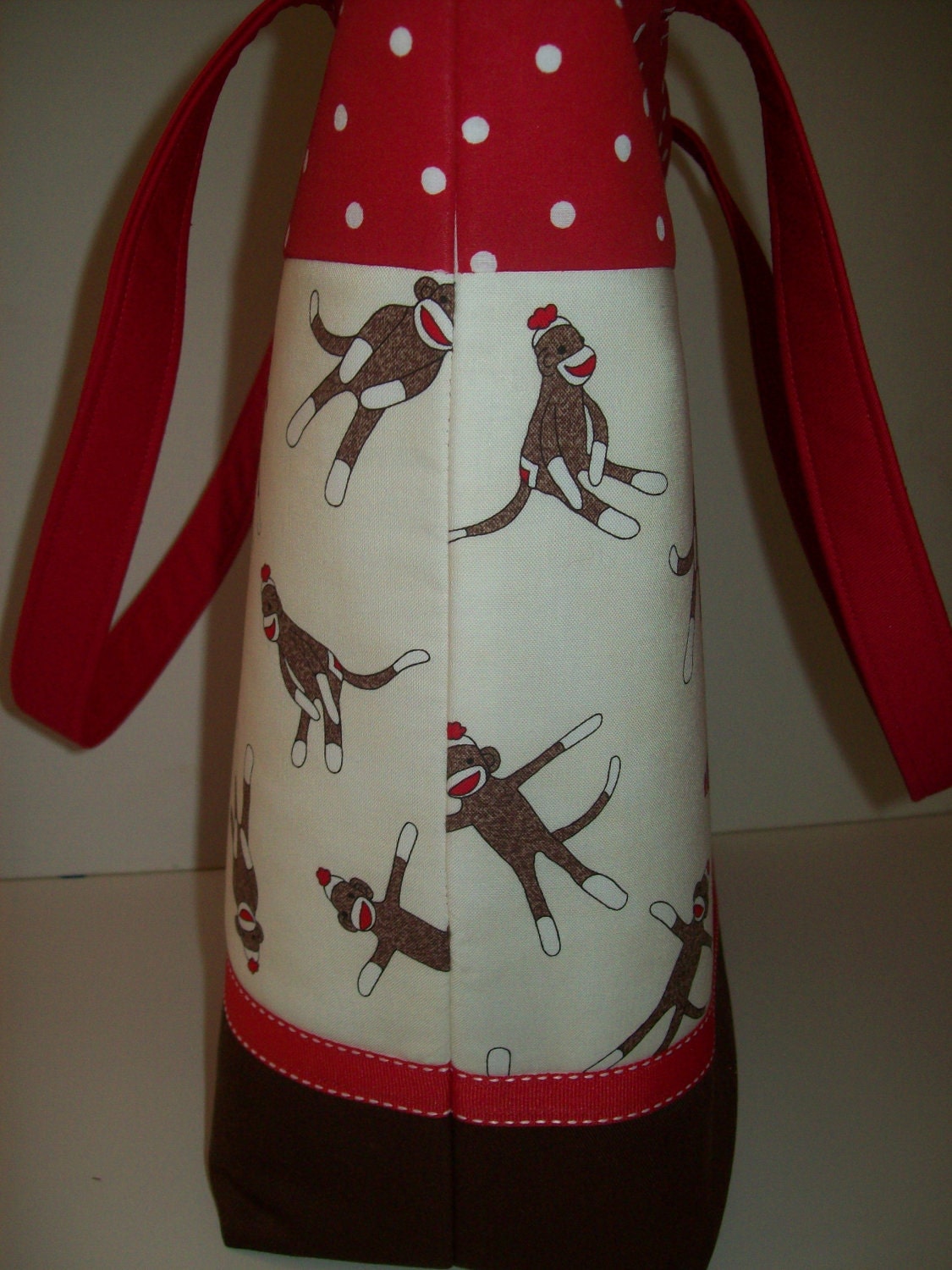 RED Brown...Cream ....SOCK MONKEY Print....Polka Dots...Ribbon..Binky Clip...Diaper Bag..Tote..Bookbag