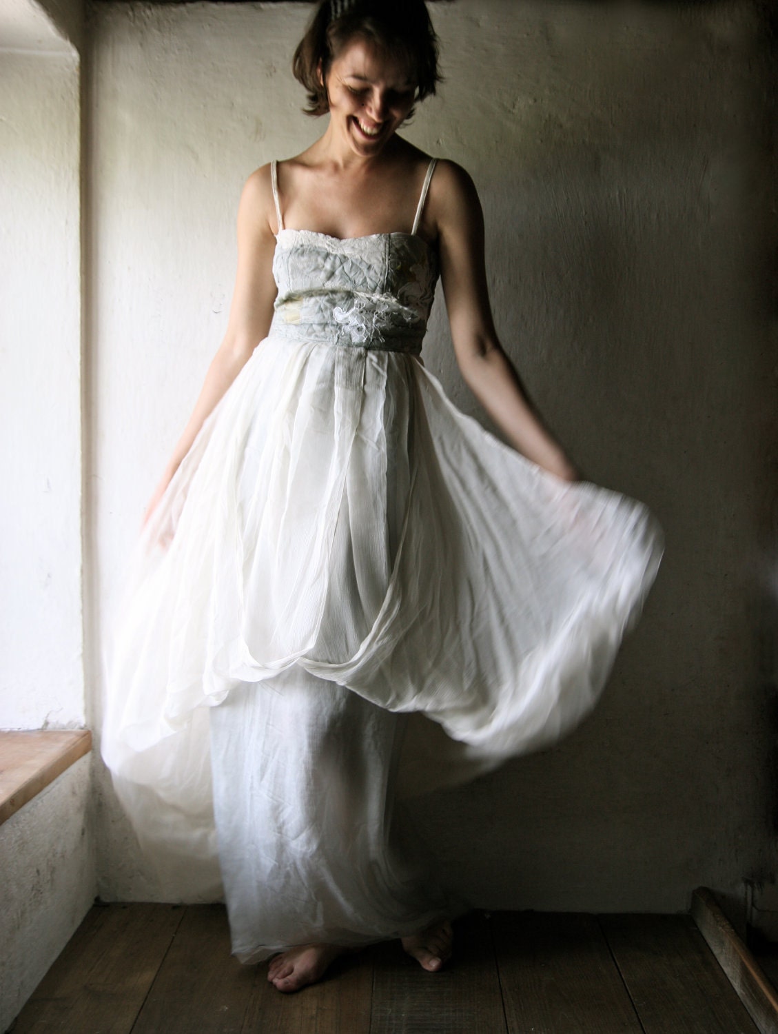 Long Wedding dress in aqua grey and ivory silk chiffon - maxi dress empire cut bridal gown - larimeloom