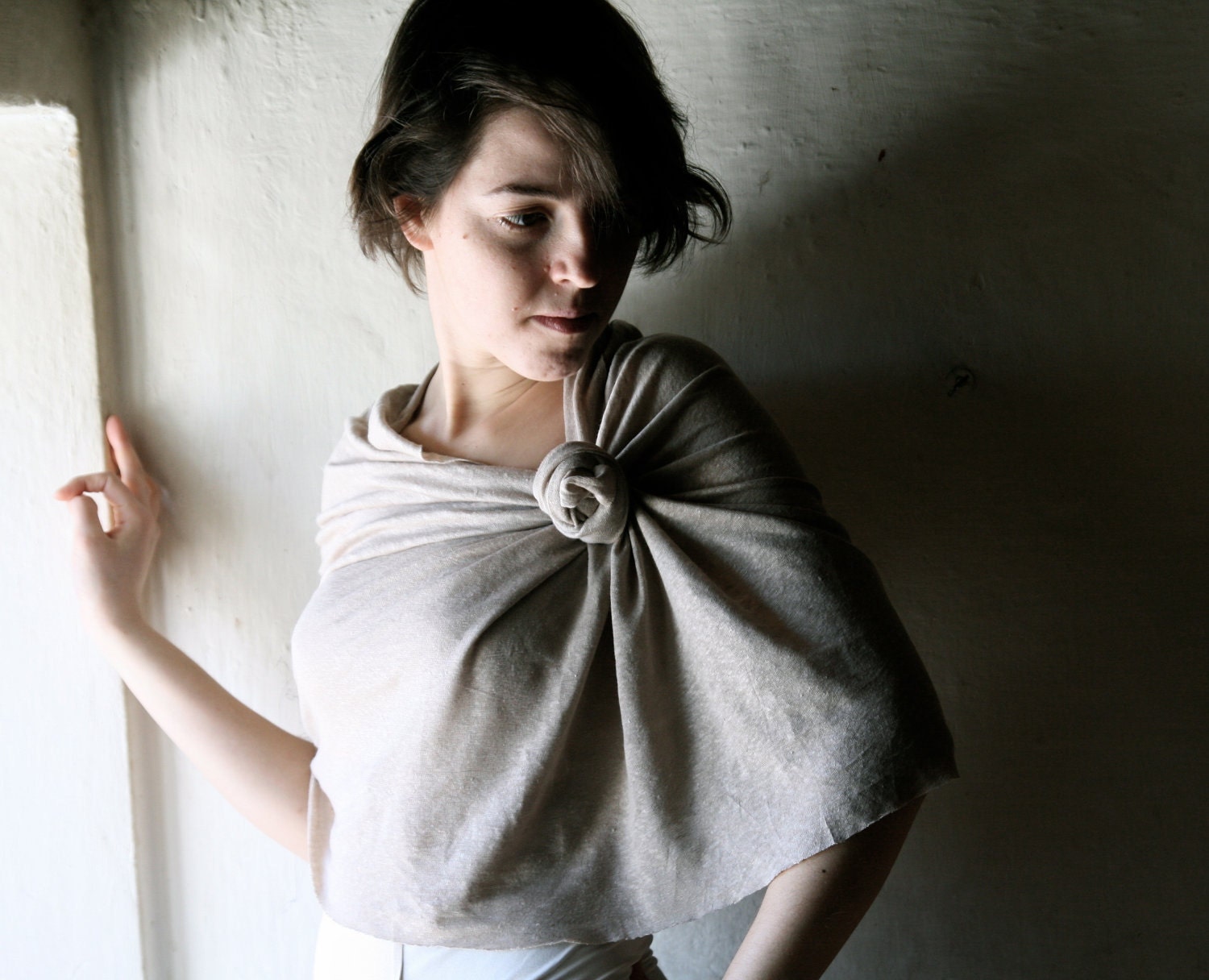 Infinity Scarf in Beige linen jersey - circle scarf ivory shawl